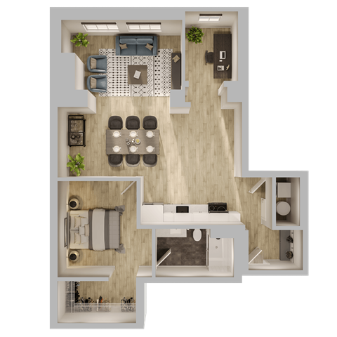 Floor plan for 1 bed, 1 bath, 830 sqft